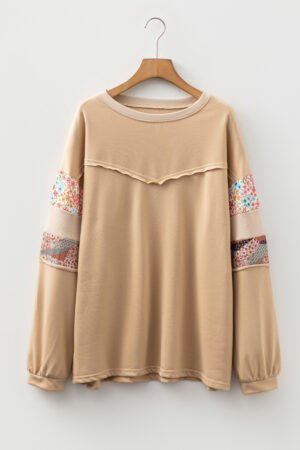 Khaki Exposed Seam Floral Mixed Patchwork Relaxed Plus Size Top - Image 7