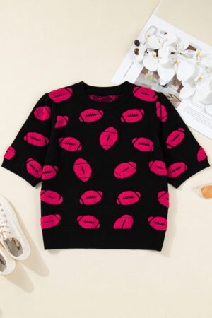 Black Rugby Print Casual Knit Short Sleeve Sweater - Image 4