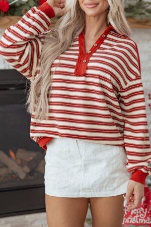Red Stripe Buttoned V Neck Collared Drop Shoulder Top - Image 19