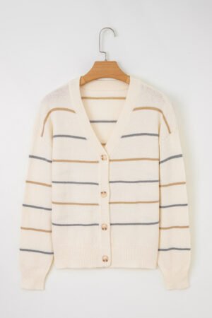 Multicolour Striped Buttoned Front V Neck Drop Shoulder Cardigan Sweater - Image 3