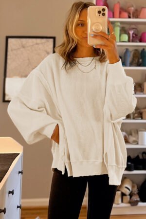 White Waffle knit Bishop Sleeve Split Oversized Top - Image 4