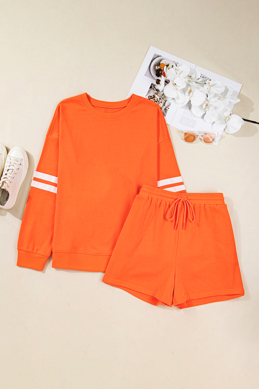 Orange Plus Size Varsity Striped Drop Shoulder Pullover Drawstring Elastic Waistband Short Set Orange Plus Size Varsity Striped Drop Shoulder Pullover Drawstring Elastic Waistband Short Set