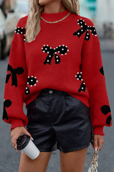 Racing Red Pearl Embellished Bow Pattern Loose Sweater