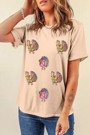 Khaki Sequin Turkey Patched Thanksgiving Graphic Tee - Image 3
