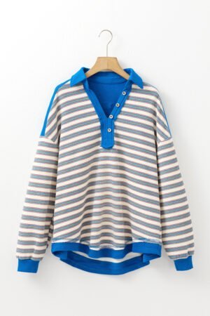 Blue Stripe Buttoned V Neck Collared Drop Shoulder Top - Image 5