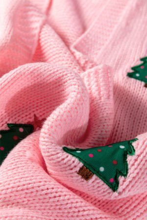 Light Pink Christmas Tree Print Open Front Drop Shoulder Midi Cardigan - Image 11