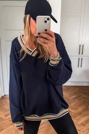 Navy Blue Varsity Contrast Striped Trim V Neck Sweatshirt - Image 3