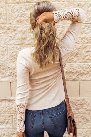 Beige Crochet Lace Hem Sleeve Button Top - Image 2