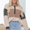 Jet Stream Color Block Waffled Patchwork Loose Henley Top