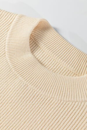Beige Ribbed Knit Contrasted Stripe Detail Button Side Loose Sweater - Image 5