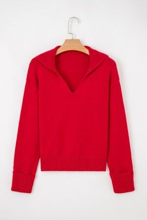 Racing Red Collared V Neck Ribbed Edge Sexy Elegant Sweater - Image 4