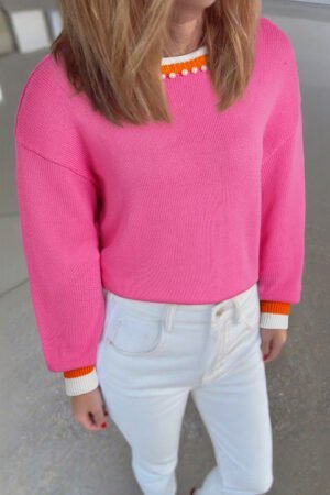 Sachet Pink Contrast Crew Neck Pearled Decor Drop Shoulder Knit Sweater - Image 3