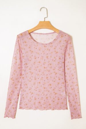 Pink Vintage Floral Print Southern Style Mesh Long Sleeve Top - Image 7