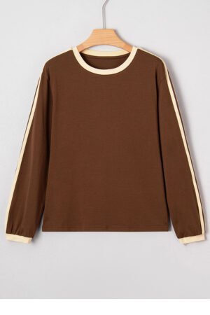 Dark Brown Varsity Striped Accent Contrast Crew Neck Long Sleeve T Shirt - Image 5