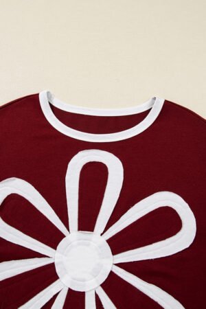 Red Dahlia Cheerful Daisy Flower Patched Round Neck Long Sleeve Top - Image 7