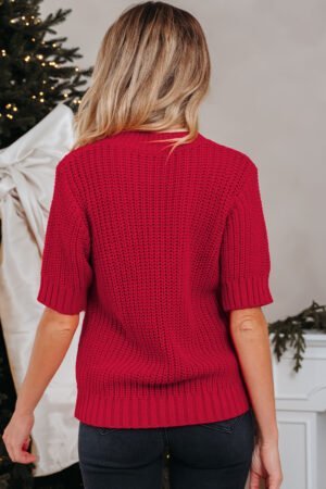 Fiery Red Plaid Lace up Detail Christmas Holiday Puff Short Sleeve Sweater - Image 5