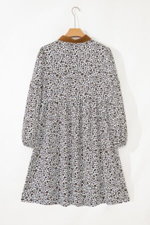Khaki Plus Size Button V Neck Leopard Print Puff Sleeve Loose Mini Dress - Image 11