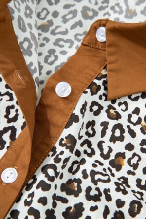 Khaki Plus Size Button V Neck Leopard Print Puff Sleeve Loose Mini Dress - Image 14