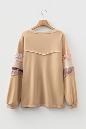Khaki Exposed Seam Floral Mixed Patchwork Relaxed Plus Size Top - Image 8