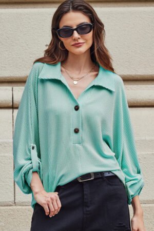 Light Blue Oversized Twist Ribbed Collared Henley Top with Roll up Sleeve - Image 4