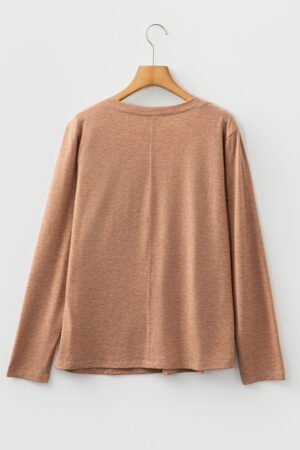Straw Yellow Floral Patchwork V Neck Long Sleeve T Shirt - Image 8