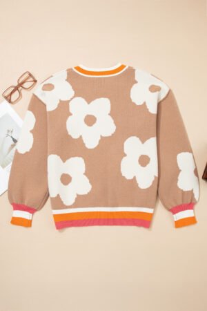 Smoke Gray Big Flower Pattern Contrast Striped Baggy Sweater - Image 4