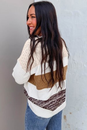 Alternative view of Brown Mixed Texture Knit Striped Color Block Loose Sweater