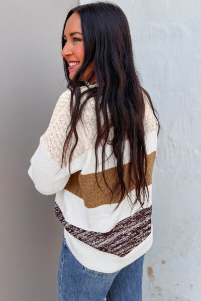 Brown Mixed Texture Knit Striped Color Block Loose Sweater