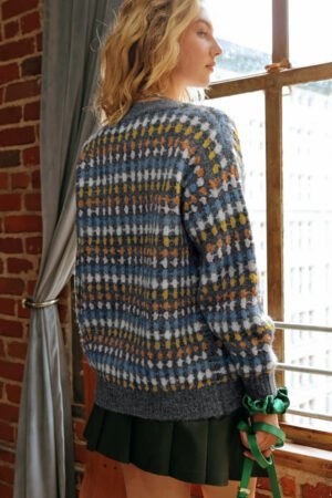 Gray Dotty Pattern Knit Button Front V Neck Sweater Cardigan - Image 2