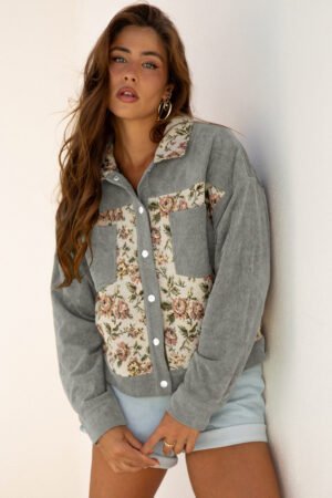 Medium Grey Ribbed Retro Floral Patchwork Shirt Style Jacket - Image 5