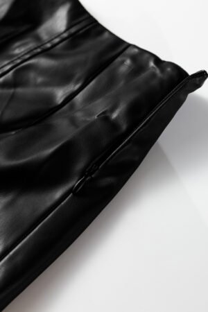 Black Faux Leather Retro Buckle Detail Pleated Stitch Flared Midi Skirt - Image 11