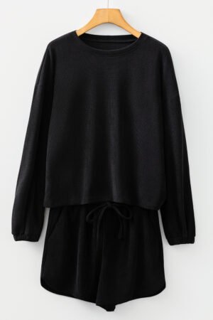 Black Solid Color Textured Knit Drop Shoulder Pullover Drawstring Shorts Set - Image 4