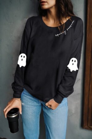 Black Spooky Season Halloween Ghost Printed Drop Shoulder Sweatshirt - Image 3