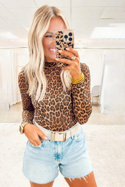 Brown Leopard Mock Neck Long Sleeve Mesh Top