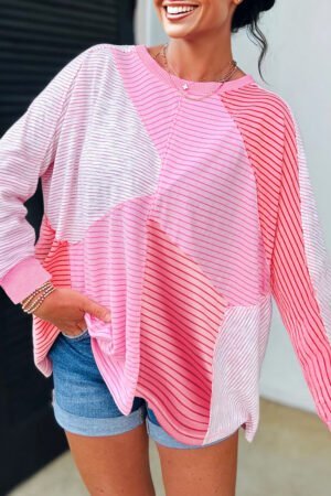 Sachet Pink Striped Colorblock Exposed Seam Casual Long Sleeve Top - Image 3