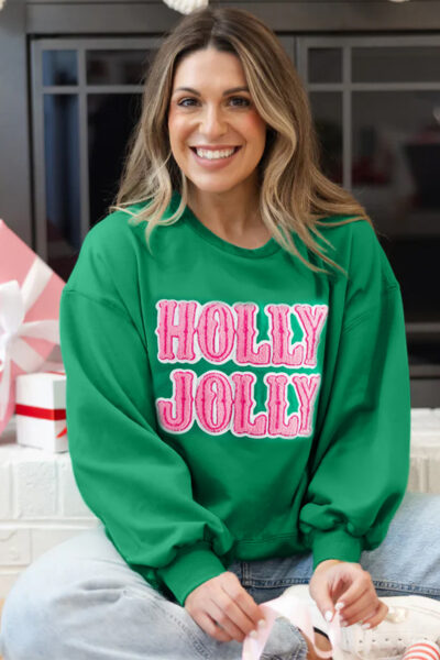 Sea Green HOLLY JOLLY Towel Embroidered Christmas Holiday Sweatshirt
