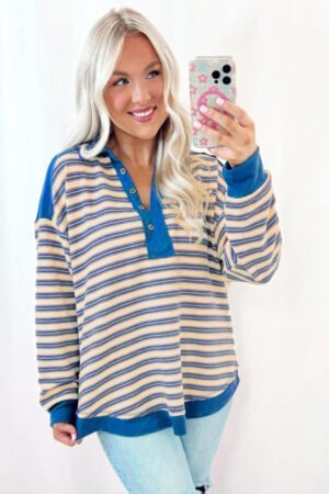 Blue Stripe Buttoned V Neck Collared Drop Shoulder Top - Image 4