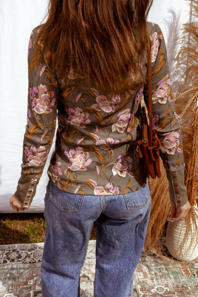 Brown Floral Print Waffle Textured Long Sleeve Top
