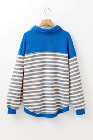 Blue Stripe Buttoned V Neck Collared Drop Shoulder Top - Image 6