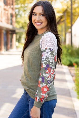 Laurel Green Floral Patchwork Long Sleeve Ribbed Blouse - Image 3