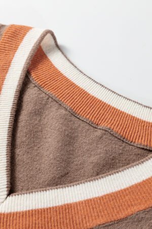 Dark Khaki Contrast Striped Trim V Neck Varsity Sweater - Image 5