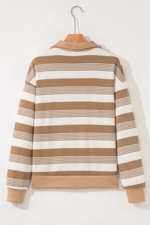 Khaki Stripe Zip Collar Patchwork Vintage Fashion Sweatshirt - Image 4