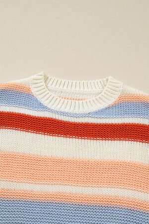 Pink Striped Colorblock Round Neck Drop Shoulder Sweater - Image 7