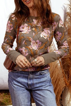 Brown Floral Print Waffle Textured Long Sleeve Top - Image 4