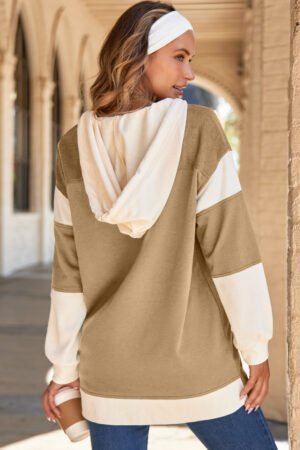 Light French Beige Waffle Contrast Knit Color Block Patchwork Button Front Oversize Hoodie - Image 2
