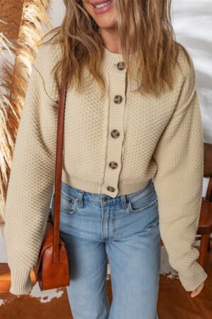 Beige Button Front Cropped Cardigan Sweater - Image 7