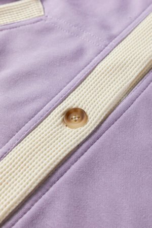 Orchid Petal Waffle Contrast Knit Color Block Patchwork Button Front Oversize Hoodie - Image 10
