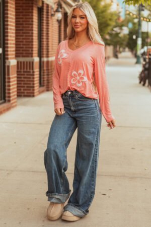 Fresh Salmon Floral Patchwork V Neck Long Sleeve T Shirt - Image 5