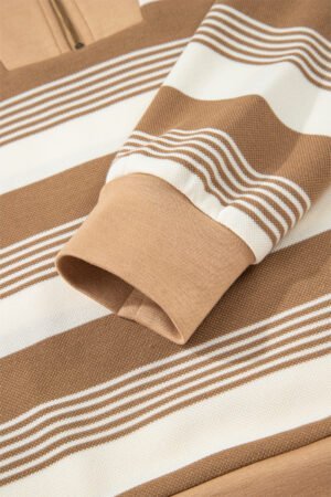 Khaki Stripe Zip Collar Patchwork Vintage Fashion Sweatshirt - Image 7