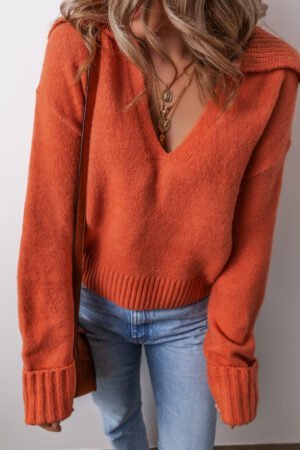 Flamingo Collared V Neck Ribbed Edge Sexy Elegant Sweater - Image 3